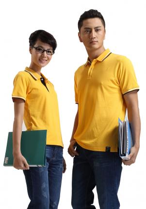 嫩黄色珠地纯棉POLO衫，领袖间条撞色，男女时尚t恤衫制作