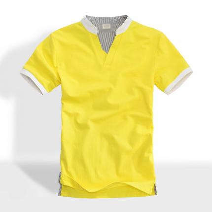 黄色立领时尚T恤衫加工制作 提供logo印制服务