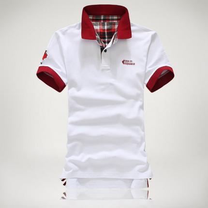 【定制】白色时尚短袖T恤衫 红色衣领袖口撞色款式