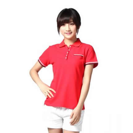 【定制】红色女士短袖T恤衫，纯棉撞色加工设计